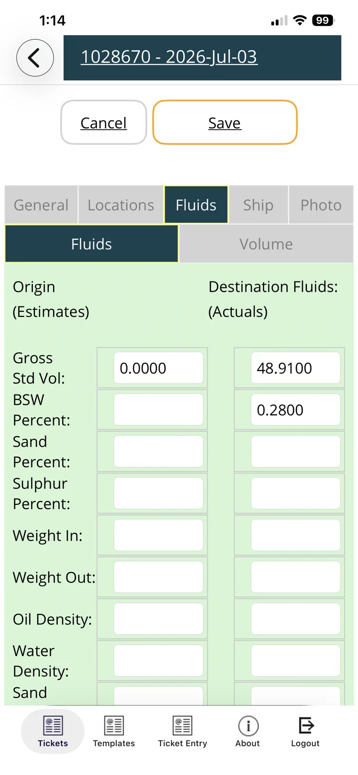 OpsTICKETSm load fluid details
